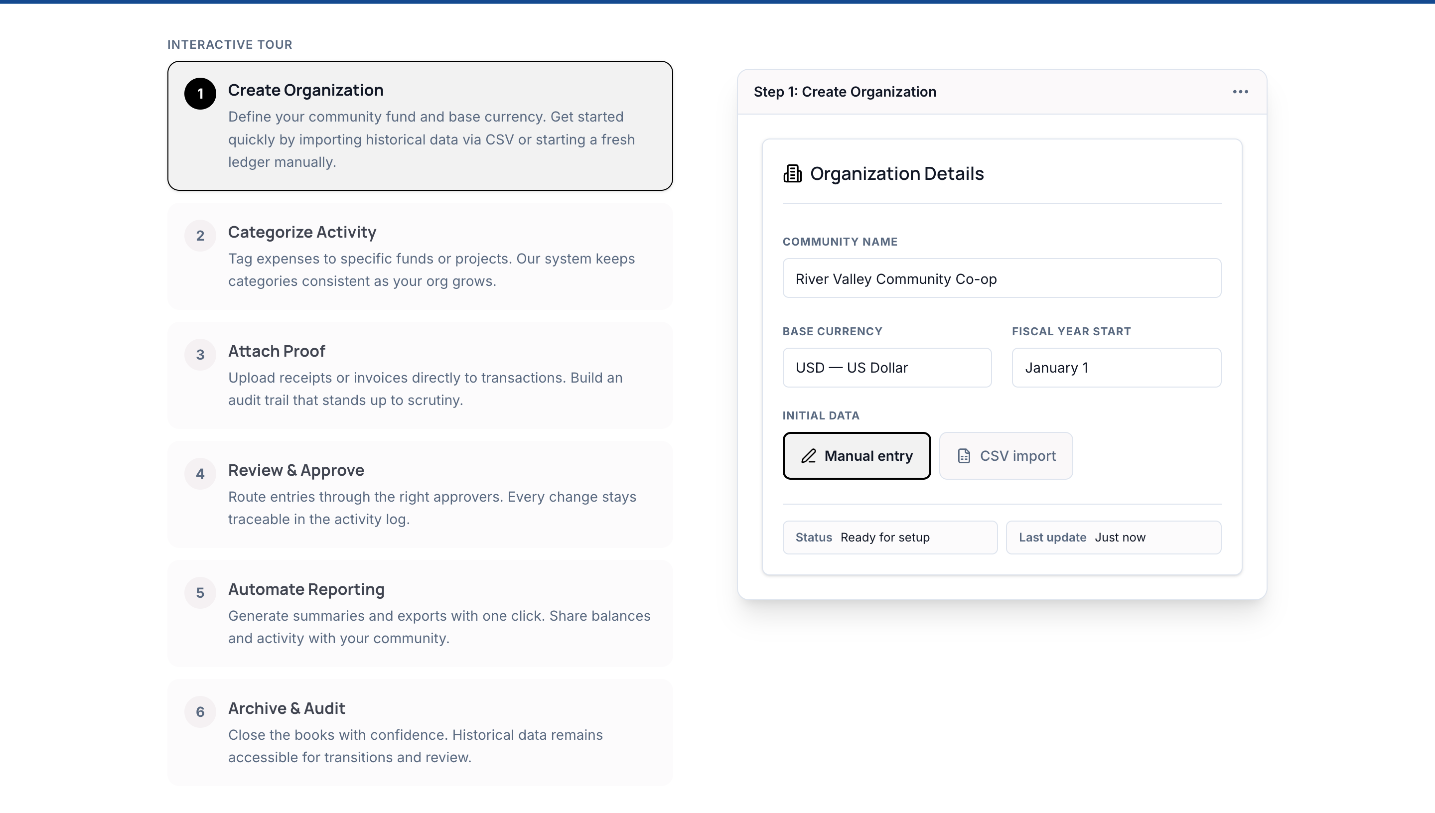 Product tour: interactive walkthrough of core flows