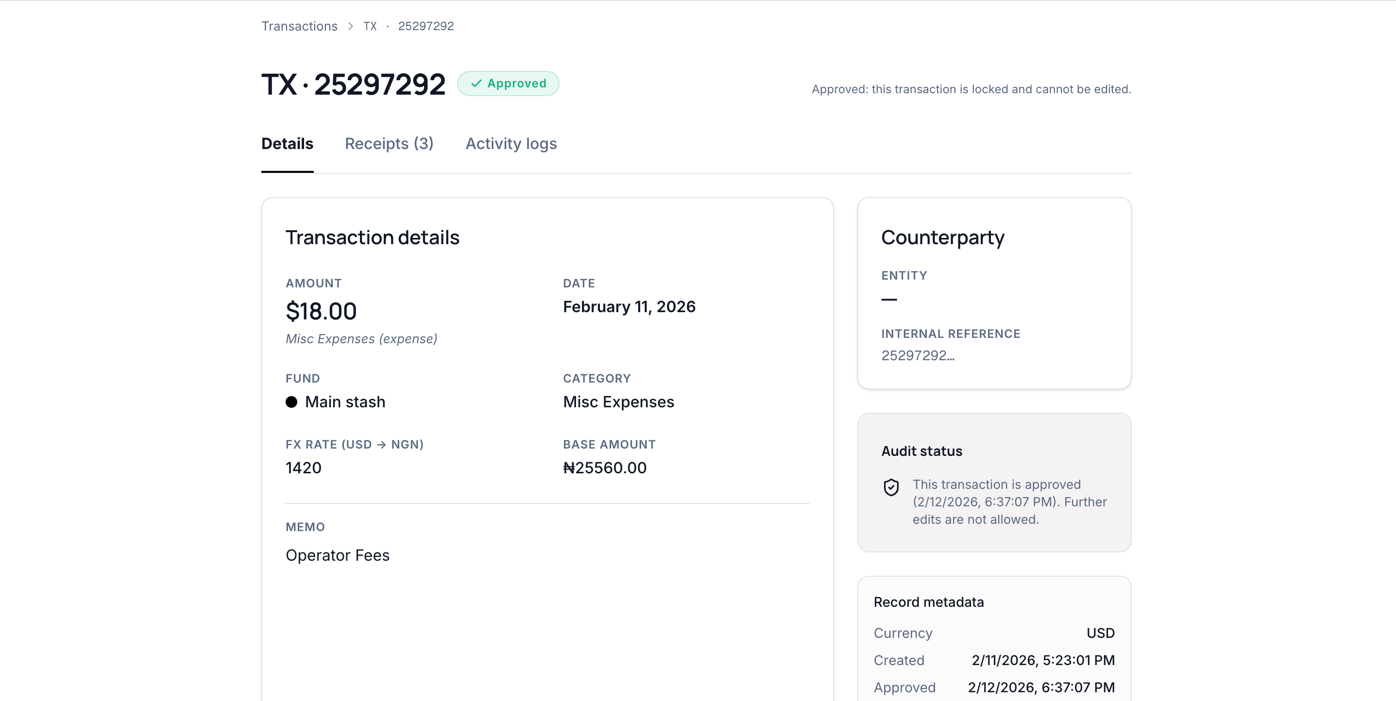Transaction detail: line items, approvals, audit trail